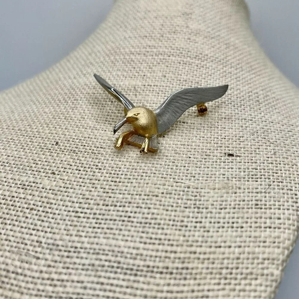 Small Gold and Pewter Bird Pin Brooch